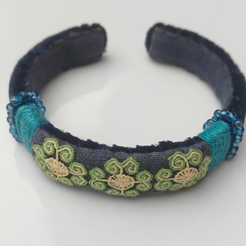 Embroidered Floral Textile Cuff Bracelet Navy Blue Velvet Seed Bead Cottagecore